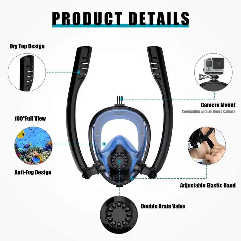 Snorkel Mask Full Face Large View Dual Tube Diving Mask Anti-Fog Anti-Leak Mask With Detachable For Mount Action Camera
Snorkel Mask Full Face Large View Dual Tube Diving Mask Anti-Fog Anti-Leak Mask With Detachable For Mount Action Camera