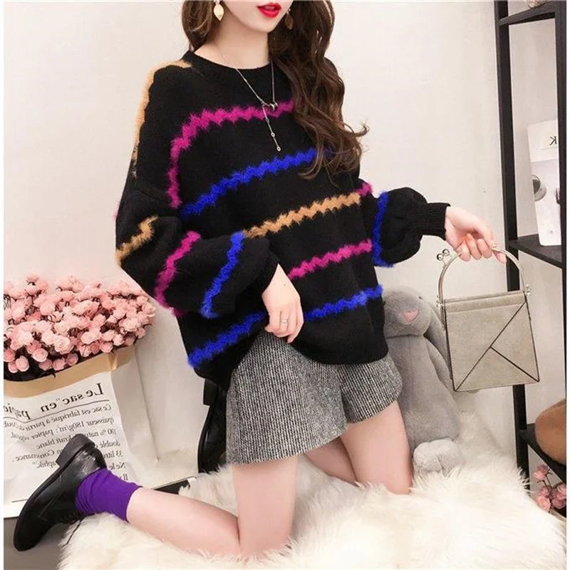 Rainbow Colorful Stripe Casual Sweater Women Autumn Winter Warm Loose Lantern Sleeve Knitted Sweater Pullovers Jumper Pull Femme
Rainbow Colorful Stripe Casual Sweater Women Autumn Winter Warm Loose Lantern Sleeve Knitted Sweater Pullovers Jumper Pull Femme