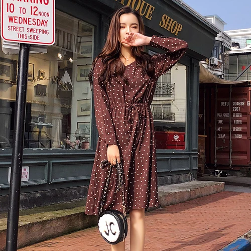 Spring New Fashion Knee-length Casual Brown Women Dress Long Sleeve Dot V-neck Dresses Woman Korean Women's Clothing
Spring New Fashion Knee-length Casual Brown Women Dress Long Sleeve Dot V-neck Dresses Woman Korean Women's Clothing