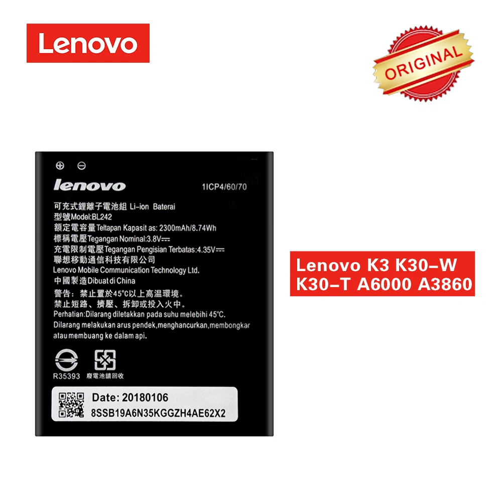 Оригинальный аккумулятор BL242 для Lenovo k 3 Женская фотосессия 6000 A3860 A3580 A3900 A6010 2300 мАч