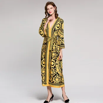 Sexy Europe runway luxury golden Bohemian retro print pattern color V-neck long-sleeve loose gown-style leopard belt dresses
Sexy Europe runway luxury golden Bohemian retro print pattern color V-neck long-sleeve loose gown-style leopard belt dresses
