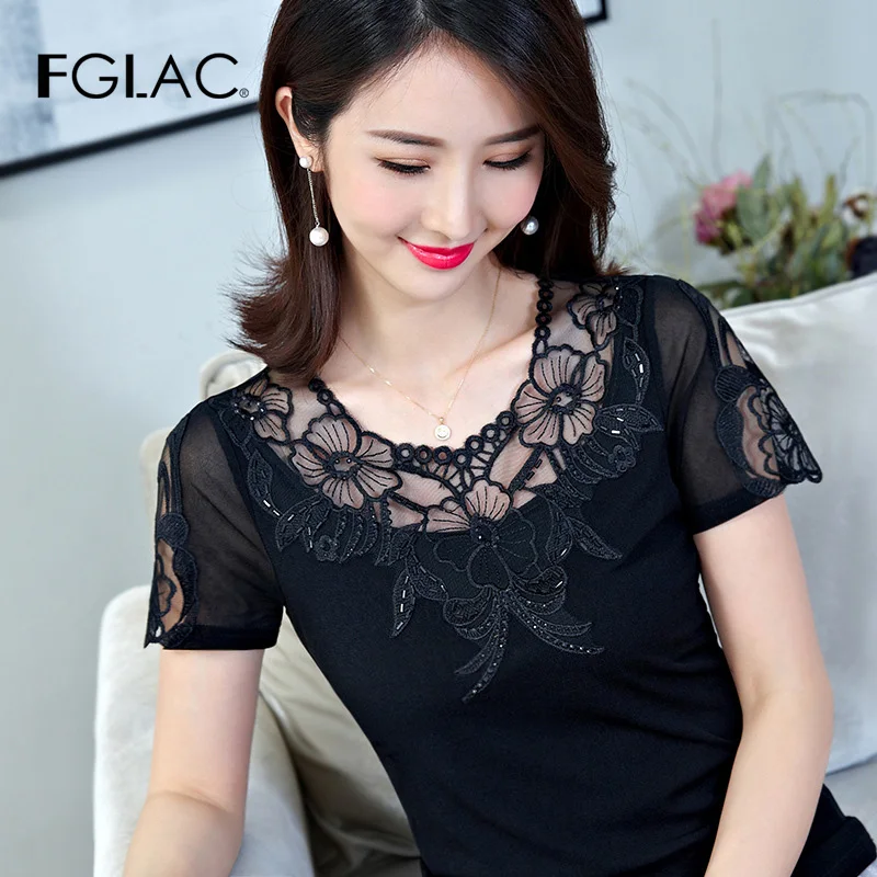 FGLAC Women's shirt Fashion Casual short sleeve mesh tops Elegant Slim hollow out black women tops and blouses
FGLAC Women's shirt Fashion Casual short sleeve mesh tops Elegant Slim hollow out black women tops and blouses