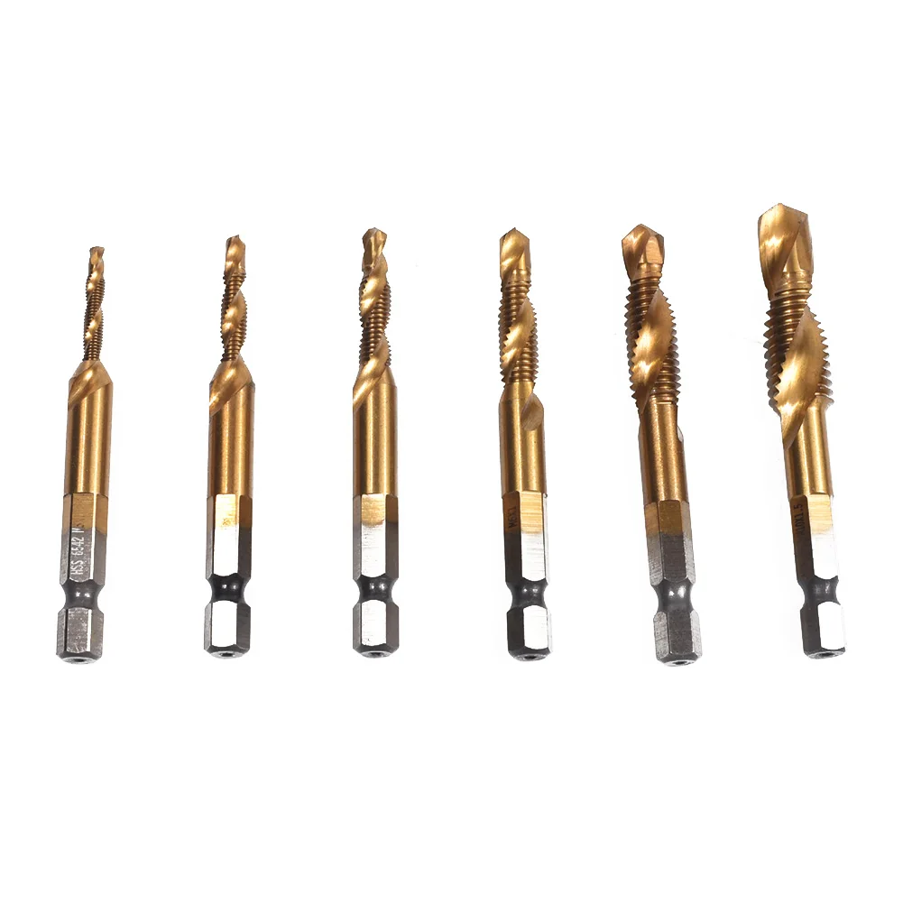 Metric Thread Drill Tap Bits Titanium Coated HSS 1/4 Hex Shank Bit M3/M4/M5/M6/M8/M10
Metric Thread Drill Tap Bits Titanium Coated HSS 1/4 Hex Shank Bit M3/M4/M5/M6/M8/M10