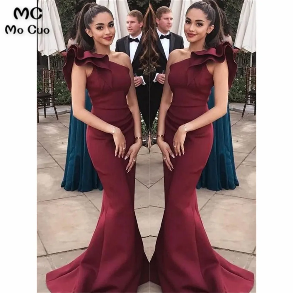 Burgundy In Stock Long Prom Dresses One Shoulder Evening Gown Ruffles Sweep Train Elastic Satin Mermaid Prom Dress
Burgundy In Stock Long Prom Dresses One Shoulder Evening Gown Ruffles Sweep Train Elastic Satin Mermaid Prom Dress