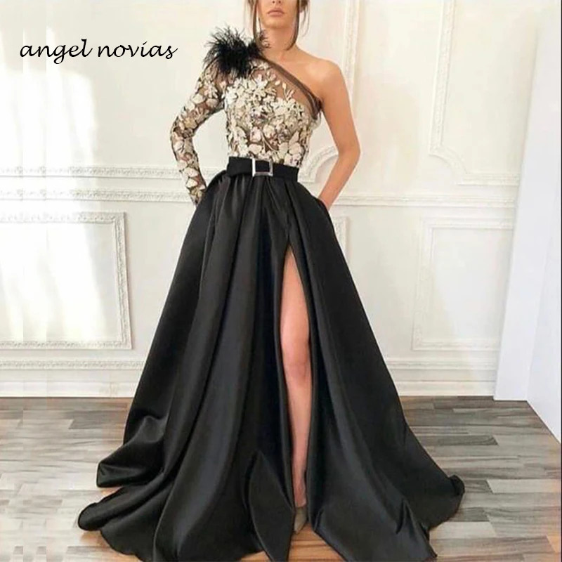 One Shoulder Long Sleeves Black Satin Abendkleider Dubai Arabic Evening Dress 2019 Robe De Soiree Long with Slit
One Shoulder Long Sleeves Black Satin Abendkleider Dubai Arabic Evening Dress 2019 Robe De Soiree Long with Slit