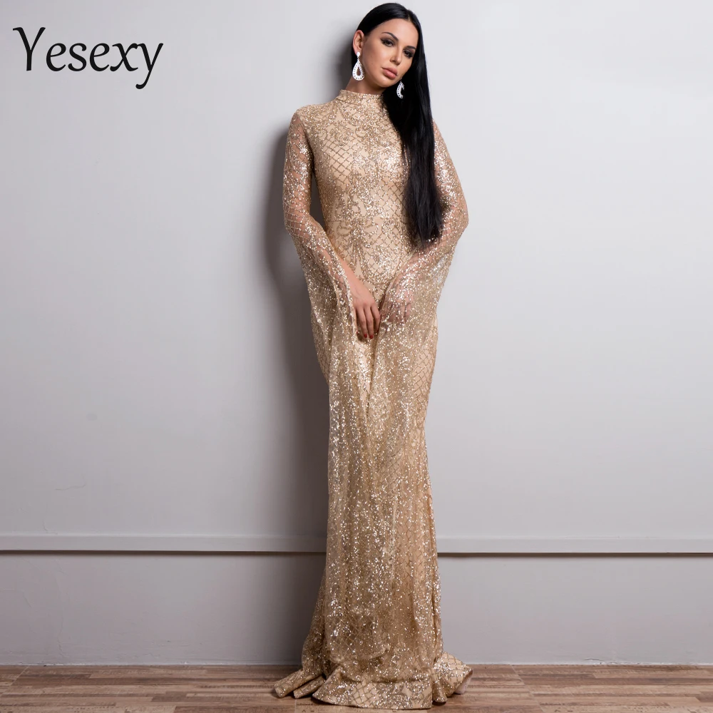 

Yesexy 2019 Women Sexy High Neck Long Sleeve Split Glitter Dresses Female Maxi Elegant Party Dress Vestdios VR9283-1