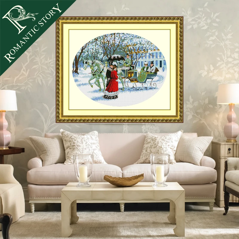 Романтическая история Зимний снег портрет пейзаж печать крестиком холст DMC
