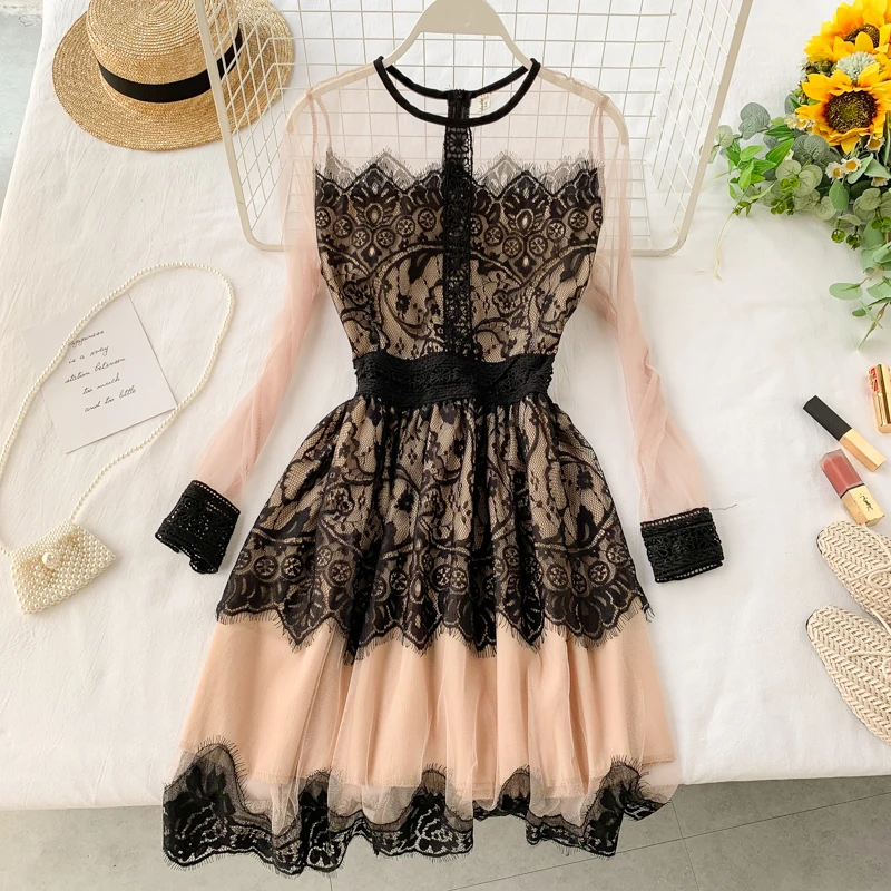Eyelash Lace Perspective Screen Yarn Round Neck Long Sleeve Slim Pompon Black Lace Dresses Woman Party Night
Eyelash Lace Perspective Screen Yarn Round Neck Long Sleeve Slim Pompon Black Lace Dresses Woman Party Night