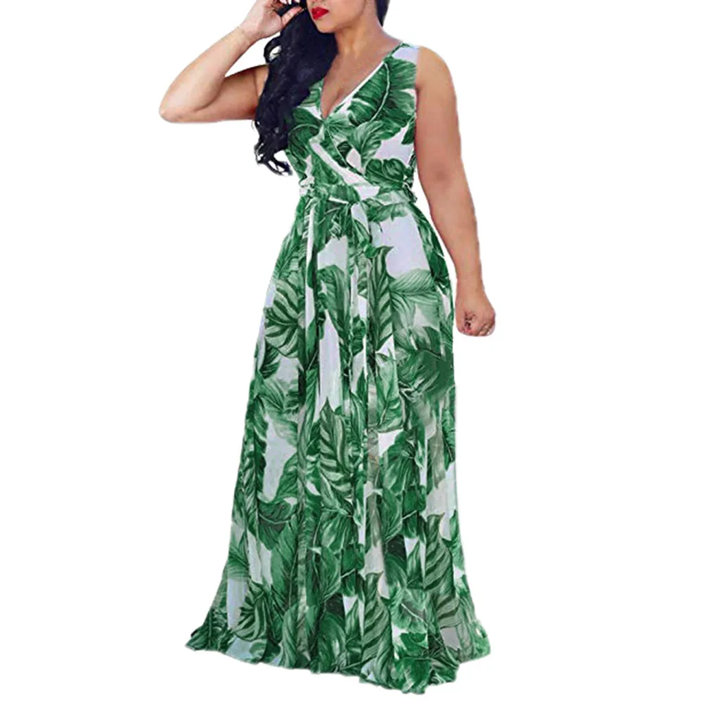 

Womens Tropical Banana Leaves Printed Ruffle Hem Long Dress With Belt Stylish Sleeveless Chiffon V-Neck Maxi Fit And Flare Dress