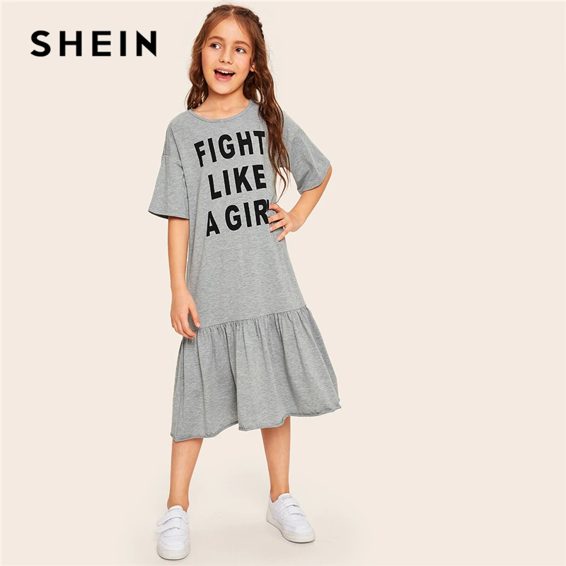 

SHEIN Kiddie Girls Letter Print Ruffle Hem Casual T-Shirt Dress Children 2019 Summer Half Sleeve Flounce Kids Midi Dresses