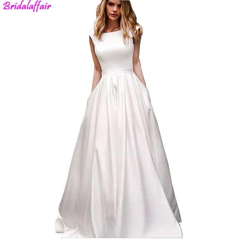2019 trajes de novia Custom Made Bride Dress A Line Open Back Wedding Dress Satin Big Size White Wedding Dresses With Pocket
2019 trajes de novia Custom Made Bride Dress A Line Open Back Wedding Dress Satin Big Size White Wedding Dresses With Pocket