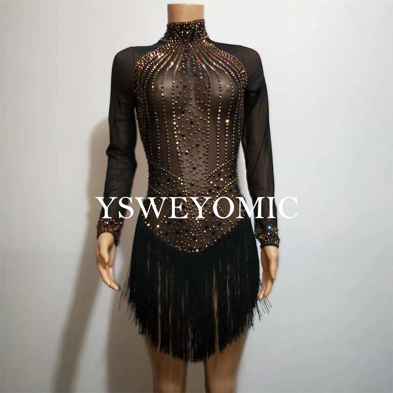 Женское прозрачное черное Сетчатое боди Стразы танцевальный костюм с кисточками