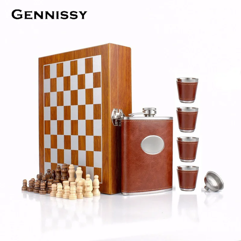 GENNISSY Wooden Chess 8OZ Stainless Steel Brown Leather Hip Flask Set With Funnel and 4 Cups Gift Box for Gifts
GENNISSY Wooden Chess 8OZ Stainless Steel Brown Leather Hip Flask Set With Funnel and 4 Cups Gift Box for Gifts