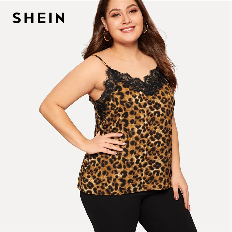 

SHEIN Glamorous Sexy Multicolor Contrast Lace Insert Leopard Print Cami Top 2019 Summer Beach Vacation Spaghetti Strap Top