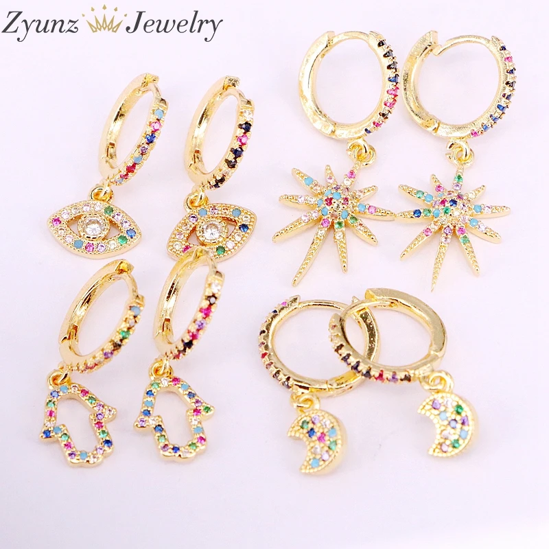 5 Pairs, Rainbow multi color cz paved star/hamsa hand/crescent/eye dangle charm drop earring Gold fashion girl women jewelry
5 Pairs, Rainbow multi color cz paved star/hamsa hand/crescent/eye dangle charm drop earring Gold fashion girl women jewelry