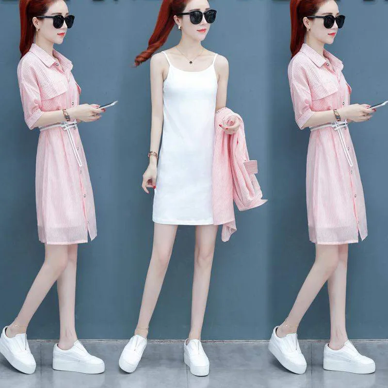 Summer New Women's Tshirt Dress Sleeves Lapel Striped Print Chiffon Two-piece Vestidos Primavera Verano 2019 Harajuku Dress
Summer New Women's Tshirt Dress Sleeves Lapel Striped Print Chiffon Two-piece Vestidos Primavera Verano 2019 Harajuku Dress