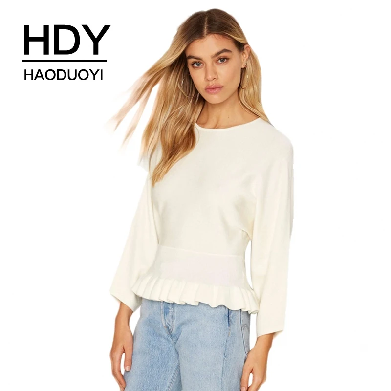 

HDY Haoduoyi Solid White Women Sweaters Crew Neck Long Sleeve Ruffle Waist Brief Tops Streetwear Casual Sweet Sweaters