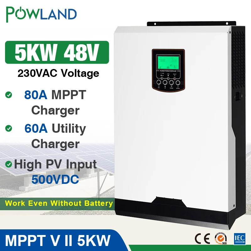 Solar Inverter 500Vdc 5000W 80A MPPT 48V 220V Off Grid Inverter 5Kva Pure Sine Wave Inverter 60A Battery Charger
Solar Inverter 500Vdc 5000W 80A MPPT 48V 220V Off Grid Inverter 5Kva Pure Sine Wave Inverter 60A Battery Charger
