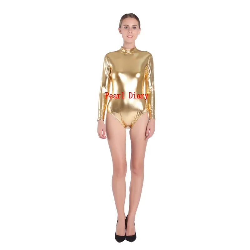 

Gold Shiny Metallic Sexy girl's jumpsuits Lady Leotard Catsuit Half pack tight bodysuit