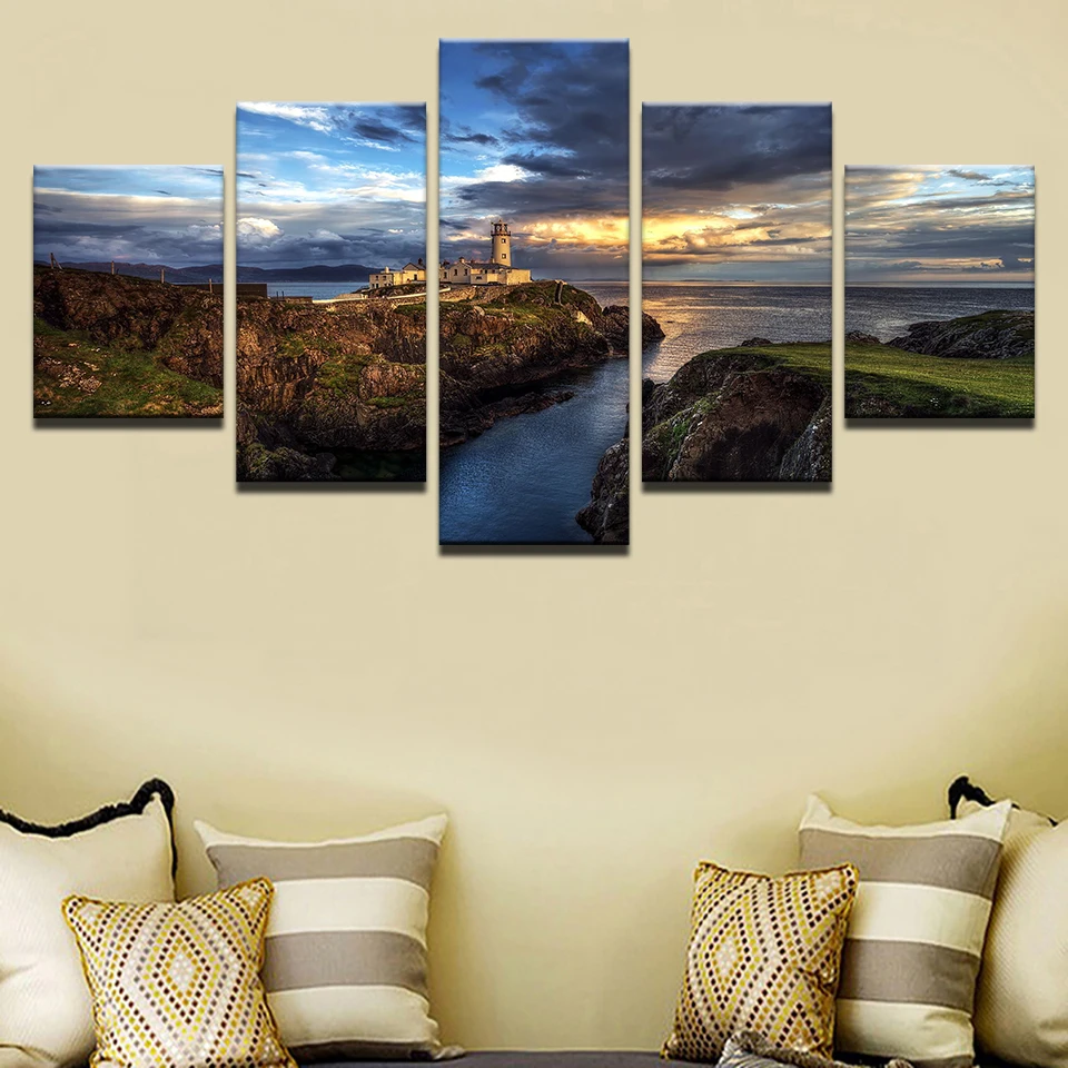 5 шт. холст Картины Крутые скалы Маяк закат Морской печатать фотографии home decor