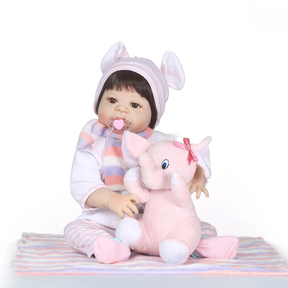 

NPK Bebes reborn 57CM full body silicone reborn baby girl dolls with pink elephant plush baby newborn real dolls gift