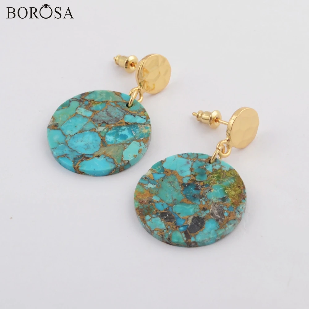 BOROSA 5/10Pairs Gold Color Round Natural Copper Turquoises Drop Earrings Howlites Gems Slice Dangle as Gifts G1797 | Украшения и
