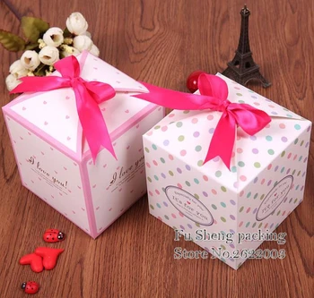 10*10*10cm Paper Candy Box bow Style Gift Box with Ribbon For DIY Wedding Party Decor Guests Return Gift packing 100pcs/lot 
10*10*10cm Paper Candy Box bow Style Gift Box with Ribbon For DIY Wedding Party Decor Guests Return Gift packing 100pcs/lot