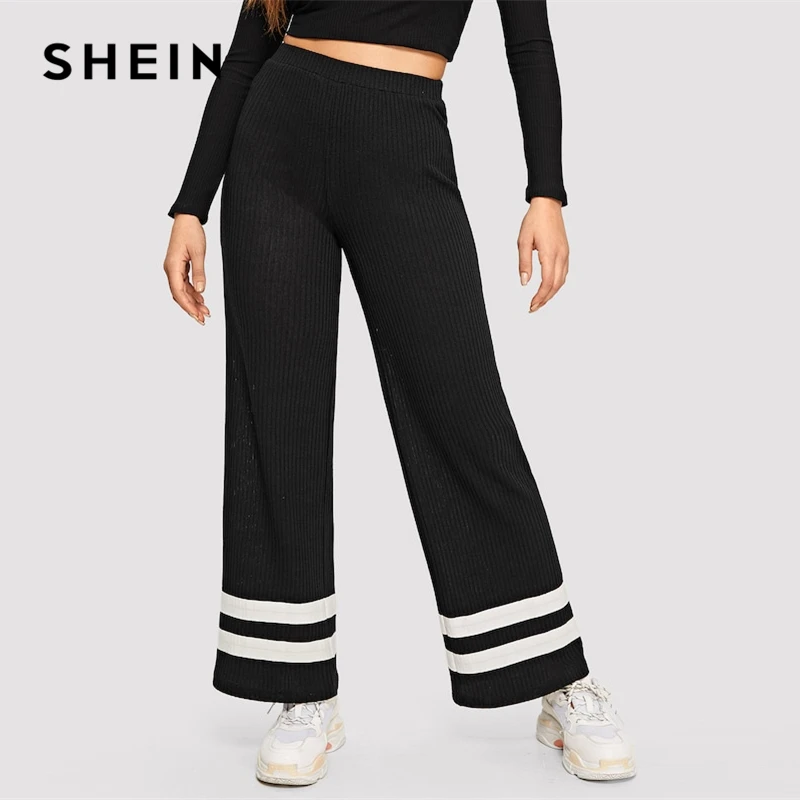 SHEIN Black Elastic Waist Ribbed Knit Striped Pants Women Long Trousers Spring Mid Waist Streetwear Sporting Casual Pants 
SHEIN Black Elastic Waist Ribbed Knit Striped Pants Women Long Trousers Spring Mid Waist Streetwear Sporting Casual Pants