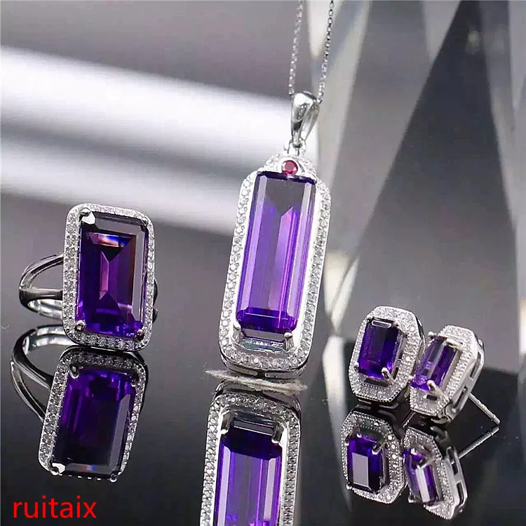 

KJJEAXCMY Boutique Jewels 925 Sterling Silver Inlaid with Gem Natural Amethyst Necklace Pendant Ring Earrings 3 Pieces of Jewelr