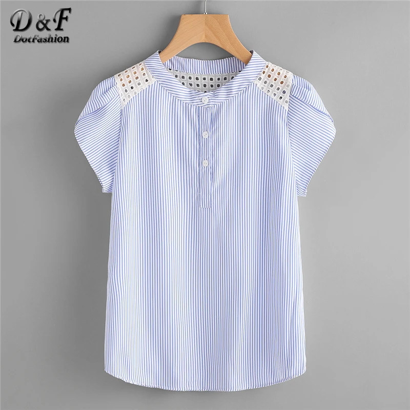 Dotfashion Blue Eyelet Embroidered Lace Petal Sleeve Blouse Short Sleeve Striped Button Top 2019 Summer Women Blouse
Dotfashion Blue Eyelet Embroidered Lace Petal Sleeve Blouse Short Sleeve Striped Button Top 2019 Summer Women Blouse