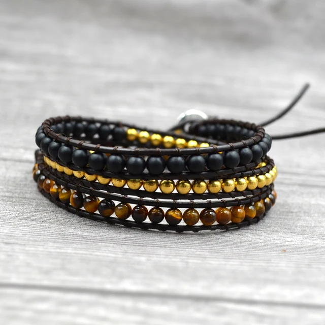 Pierre d'oeil de tigre avec perles de cuivre pour hommes et femmes, bracelets ronds, cuir tissé bohème fait à la main, bracelet d'avertissement, 3 brins 2