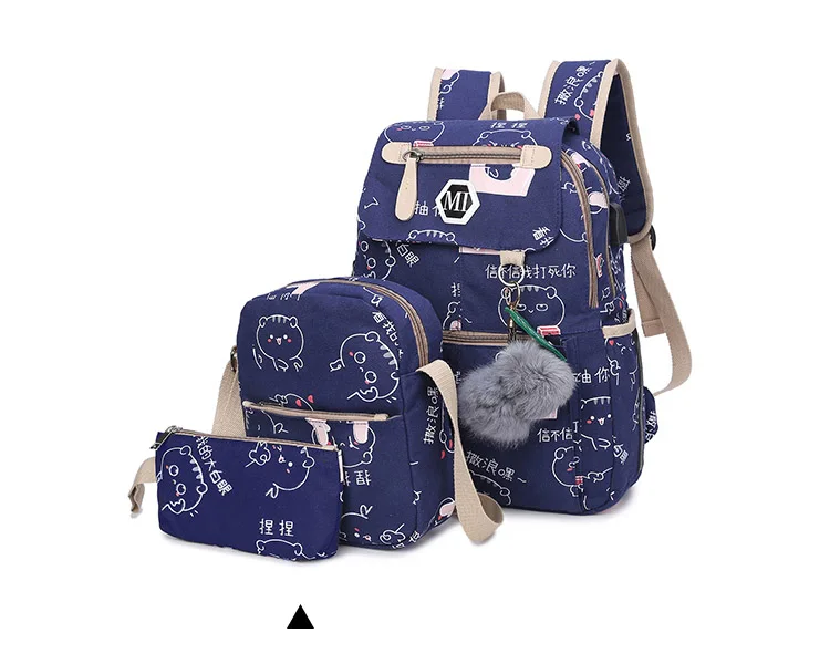 2018 USB Charging Canvas Backpack 3 Pcs/set Women School Backpacks Schoolbag For Teenagers Man Student Book Bag Boys Satchel 25