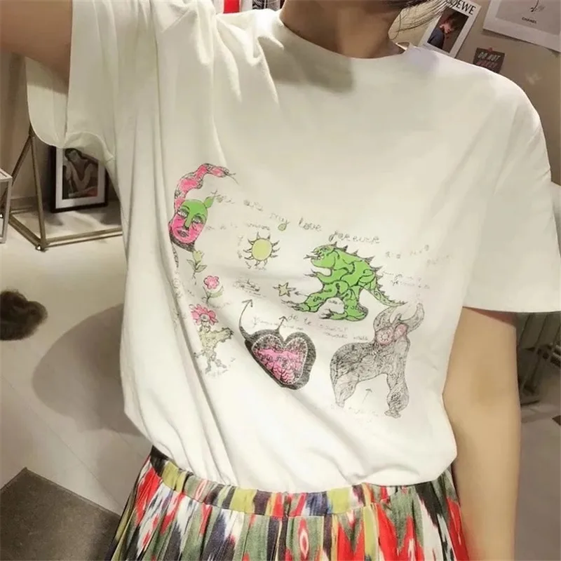 2018 Runway Designer Luxury T-shirts for Women Dinosaur Monster Letters Graffiti Print Harajuku Summer Top Tee Female White
2018 Runway Designer Luxury T-shirts for Women Dinosaur Monster Letters Graffiti Print Harajuku Summer Top Tee Female White