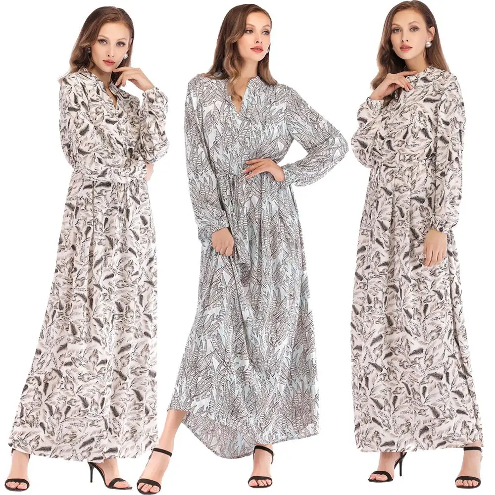Women Muslim Feather Printed Gown Maxi Dress Long Sleeve Islamic Casual Robe Button V-neck Abaya Ramadan Middle East Vintage |