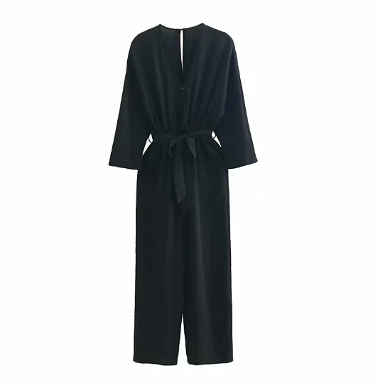 Spring summer women's solid black color belt jumpsuit female summer long pants TB889
Spring summer women's solid black color belt jumpsuit female summer long pants TB889