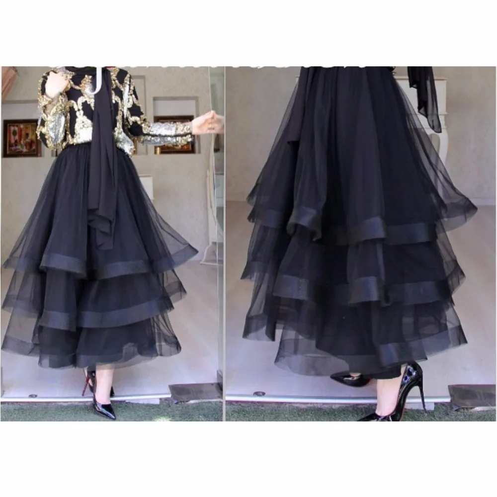 

Muslim Modest Black Skirts Women Ankle Length Ruffles Tiered Organza Skirt Ruched Female Skirt Custom Made Zipper Style