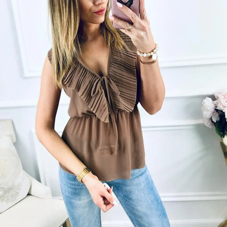 2019 Summer New Women's Sexy V-neck Dress, Pleated Lace, Lotus-edged Sleeveless Chiffon Jacket Women Blouses Tunic
2019 Summer New Women's Sexy V-neck Dress, Pleated Lace, Lotus-edged Sleeveless Chiffon Jacket Women Blouses Tunic