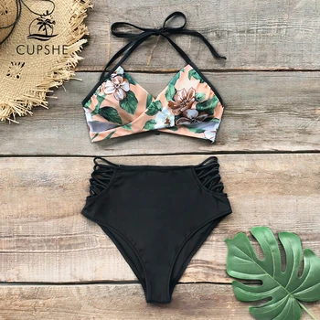 CUPSHE Pink Floral Halter Bikini Sets With Strappy Black Bottom 2020 Women High Waist Two Pieces Swimsuits Bathing Suits
CUPSHE Pink Floral Halter Bikini Sets With Strappy Black Bottom 2020 Women High Waist Two Pieces Swimsuits Bathing Suits