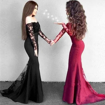 Elegant Mermaid Prom Gowns Off The Shoulder Long Sleeves Lace Satin Black Burgundy Evening Gowns Sexy Women Party Dresses
Elegant Mermaid Prom Gowns Off The Shoulder Long Sleeves Lace Satin Black Burgundy Evening Gowns Sexy Women Party Dresses
