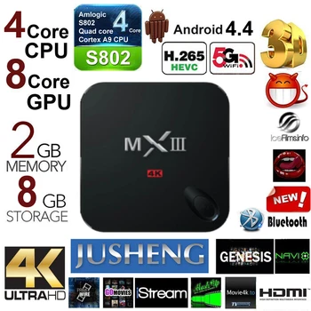

JUSHENG MXIII MX3 4K TV Box Quad Core Amlogic S812 Cortex A9 2GB/8GB Android 4.4 Wifi 4K 3D Supported Streaming Media Player