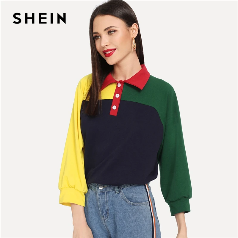 

SHEIN Multicolor Weekend Casual Cut and Sew Half Placket Color Block Sweatshirt 3/4 Sleeve Pullovers Women Autumn Sweatshirts