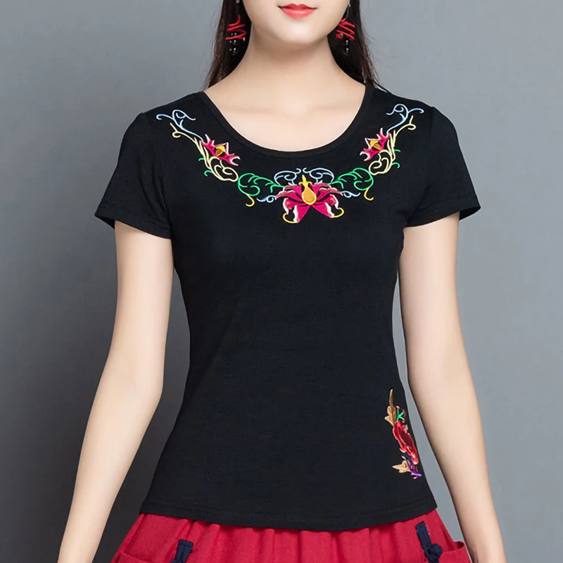 Summer Tops Ethnic Embroidery Short sleeve T shirt O neck Cotton Tees Ladies Plus size Clothes Solid color Black
Summer Tops Ethnic Embroidery Short sleeve T shirt O neck Cotton Tees Ladies Plus size Clothes Solid color Black