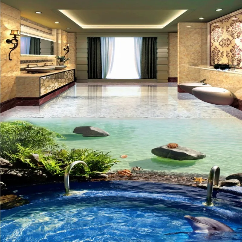 Image Free Shipping Beach Villa Pool Dolphin 3D Stereo Bathroom Living Room Floor thickened bathroom flooring living room mural