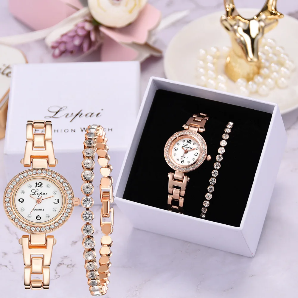 

Lvpai Luxury Fashion Full Diamond Quartz Wrist Watch Stainless Steel Bracelet Set Contain Box Analog reloj mujer Women Clock B50