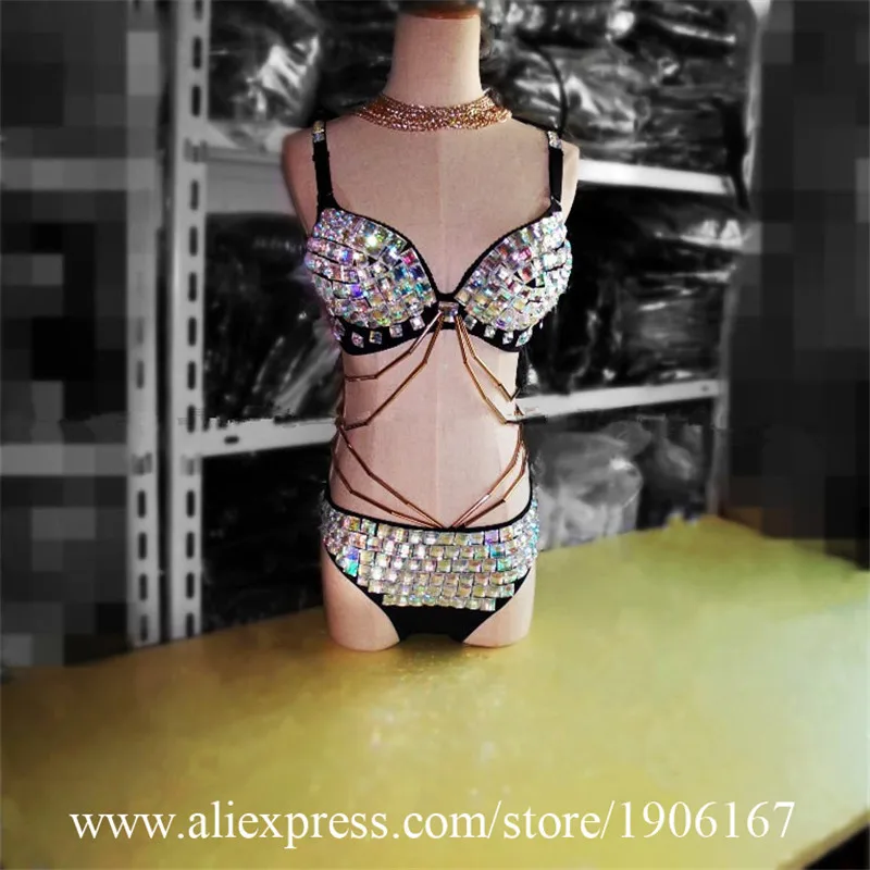 

New Sexy Lady Shiny Sequined Bra Nightclub Party Evening Underwear Set DS Dress For DJ Dancer Singer Bikini Pole Dance Clothing