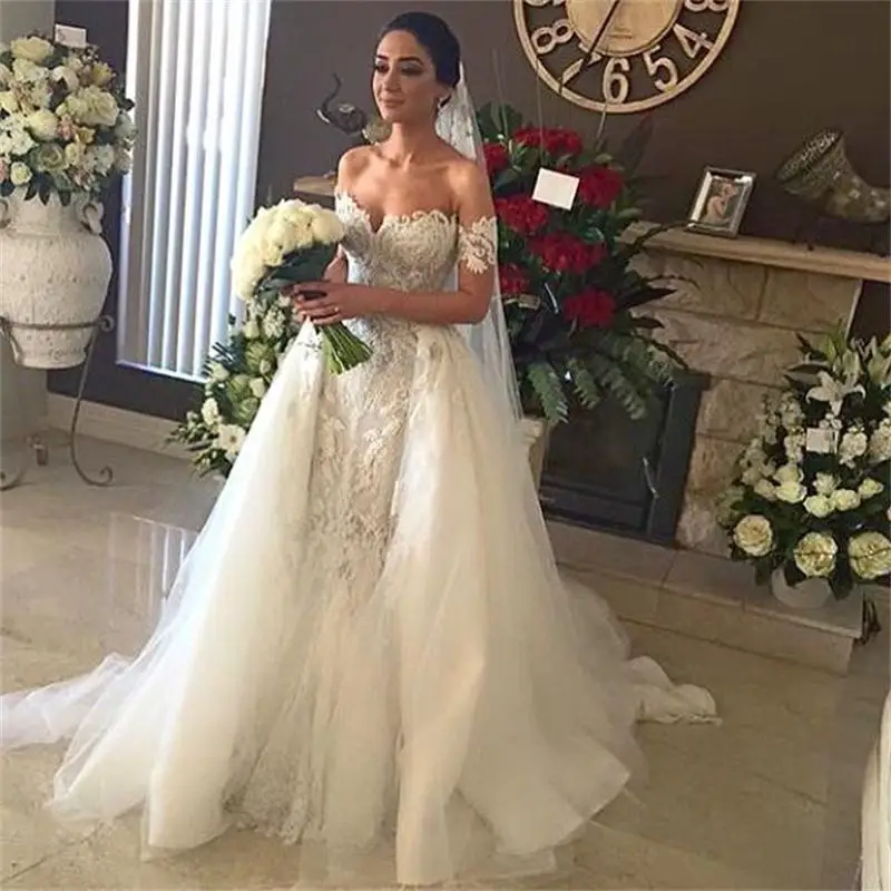 Two Piece Lace Appliqued Wedding Dresses with Detachable Train Off the Shoulder Vestido De Novia Robe Mariage Bridal Gowns
Two Piece Lace Appliqued Wedding Dresses with Detachable Train Off the Shoulder Vestido De Novia Robe Mariage Bridal Gowns