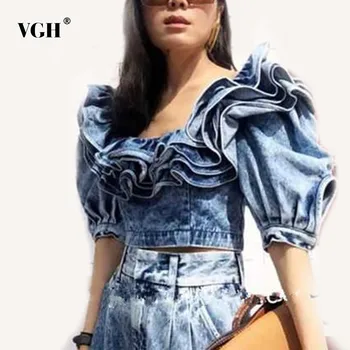 VGH Denim Ruffles Women's Shirt Square Collar Lantern Sleeve Button Sexy Short Length Slim Blouse Top Female Fashion New 2020
VGH Denim Ruffles Women's Shirt Square Collar Lantern Sleeve Button Sexy Short Length Slim Blouse Top Female Fashion New 2020
