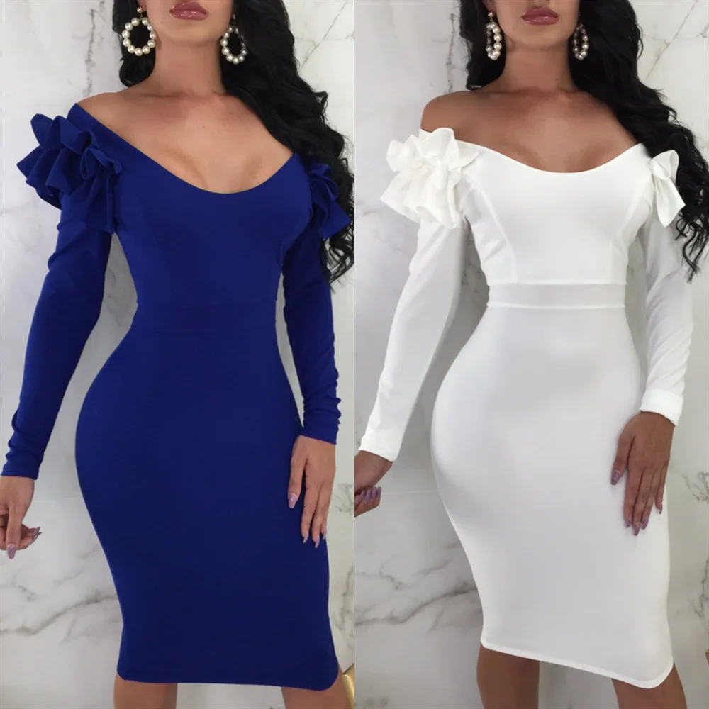 Women Bodycon Dresses Long Sleeve Ruffles Slim Sexy Elastic High Waist Plus Size XL Ladies Fashion Clubwear Red Blue White Robes
Women Bodycon Dresses Long Sleeve Ruffles Slim Sexy Elastic High Waist Plus Size XL Ladies Fashion Clubwear Red Blue White Robes