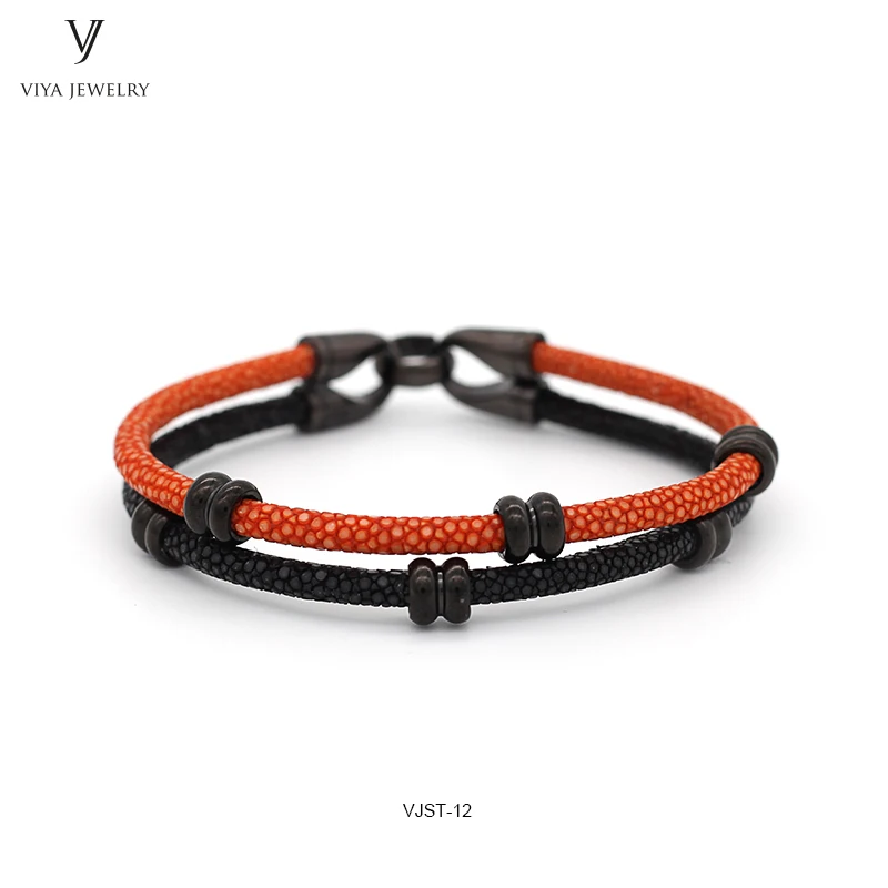 Unique Orange & Black Mixed Color Design Genuine Leather Strap 316L Stainless Steel Bracelet Fashion Two Colors Mixed Stingray Leather Bracelet (1)