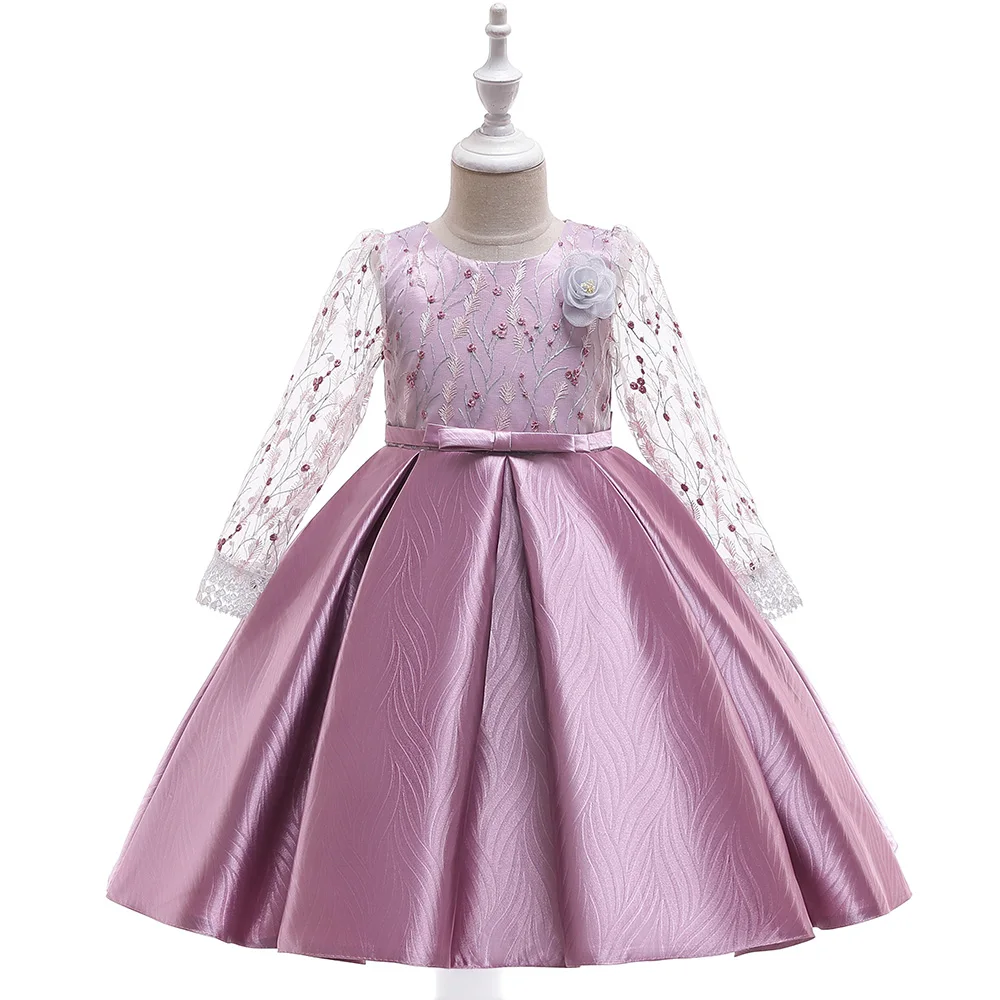 Фото 2020 Lace Flower Voile Long Sleeve Baby Party Dress Summer Ball Gown Bow Kids Dresses Birthday Princess 3-10 Years L5109 | Мать и ребенок